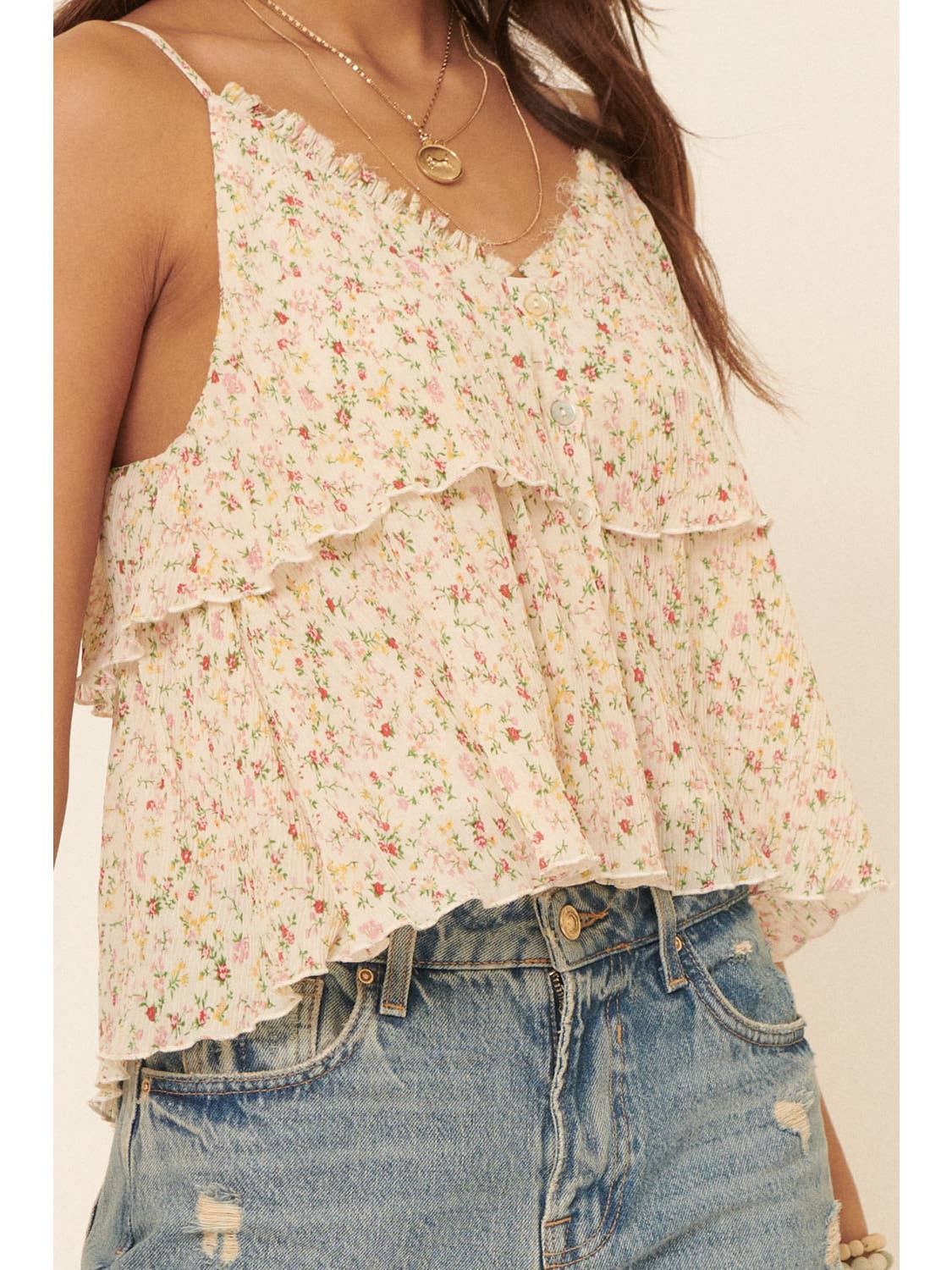 Floral Sweetheart Flounce Ruffle Camisole Top