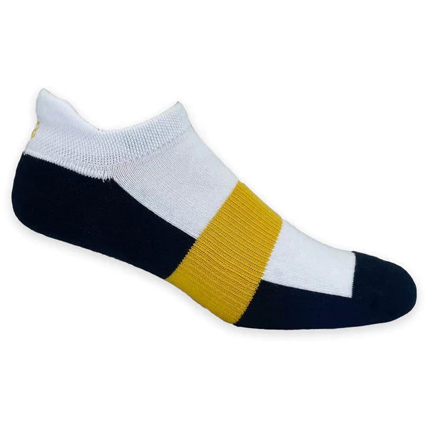 Elevated comfort ankle socks in White with Black bottom and Gold arch band