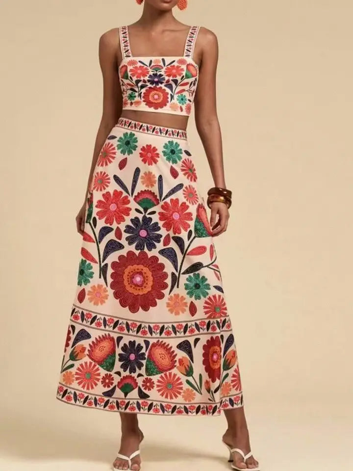 Boho Floral Print Crop Top & Skirt Set