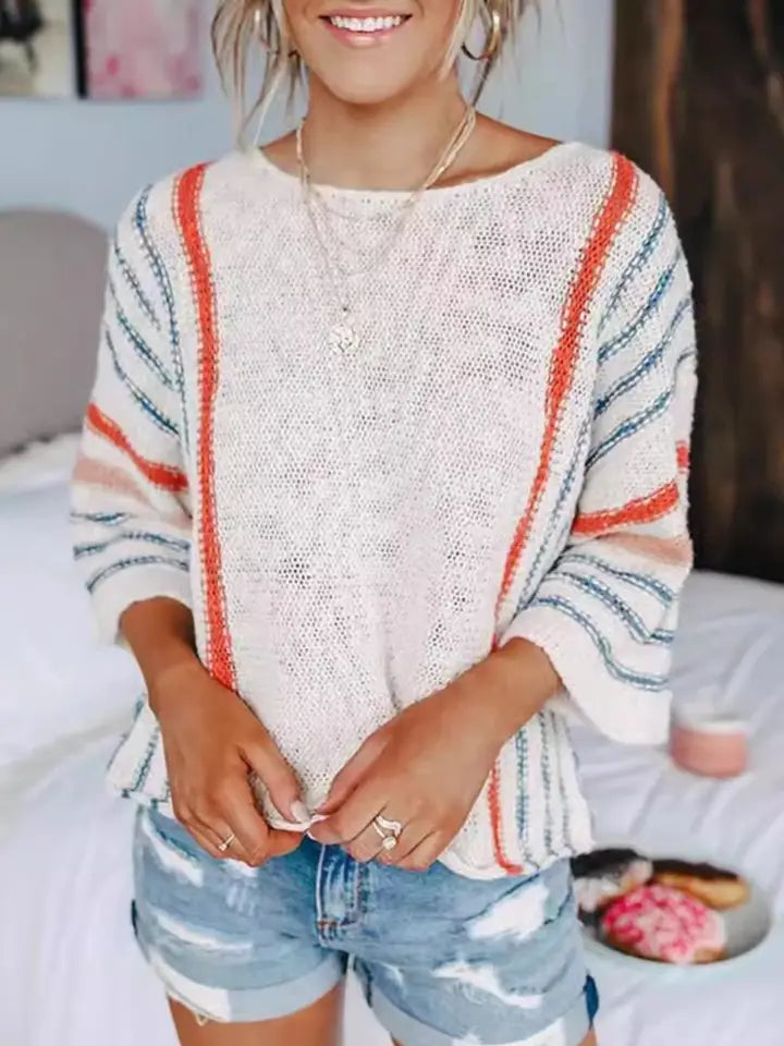 Color-Block Flared Sleeve Cable Knit Sweater
