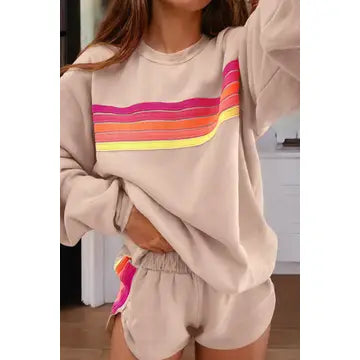 Color Contrast Trim Long Sleeve Top and Shorts