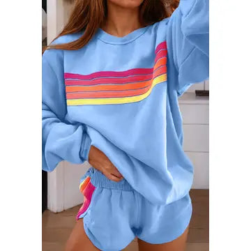 Color Contrast Trim Long Sleeve Top and Shorts