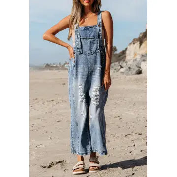 Distressed Wide Leg Denim Overall