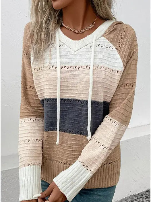 V-Neck Hooded Color-Block Knitted Long-Sleeved Top